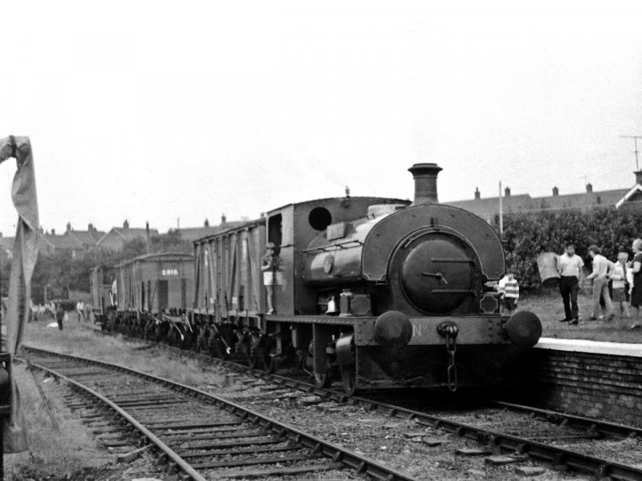 3/7/1971: The vans in a replica goods train with No.3BG 'Guinness' at a Whitehead Open Day. (C.P. Friel)