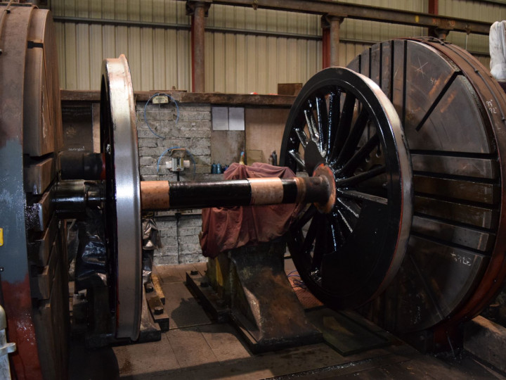 8/3/2020: No.105's driving coupled wheelset in the lathe for machining of journals. (R.B. Hill)