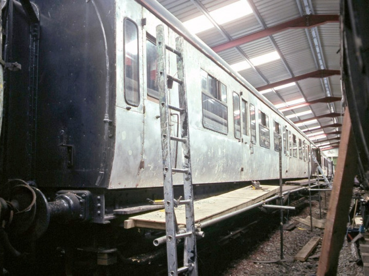 6/3/1993: GNR 9 stripped to the bare metal in the carriage shed. (C.P. Friel)