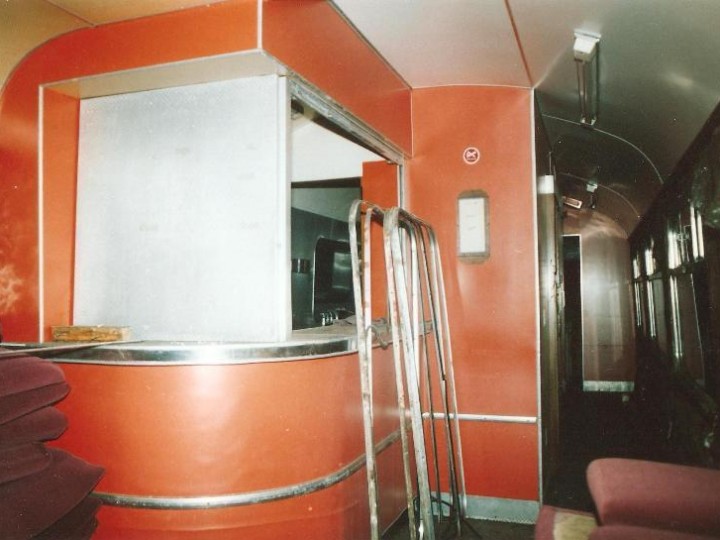 The interior of the carriage was finished mainly in this hectic orange hue - it was fashionable in the seventies! The bar was to be greatly lengthened from the small incarnation seen here.